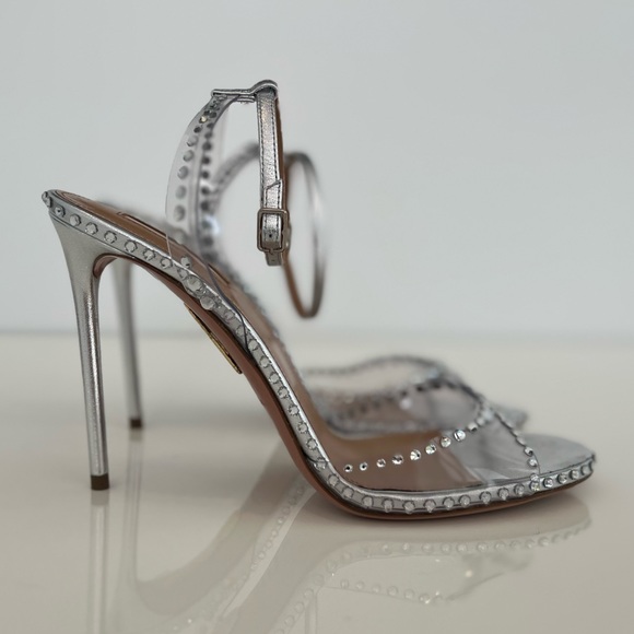AQUAZZURA SILVER PVC LEATHER CRYSTAL SANDALS SIZE IT 38 / US 8 NEW IN BOX! - Picture 8 of 17